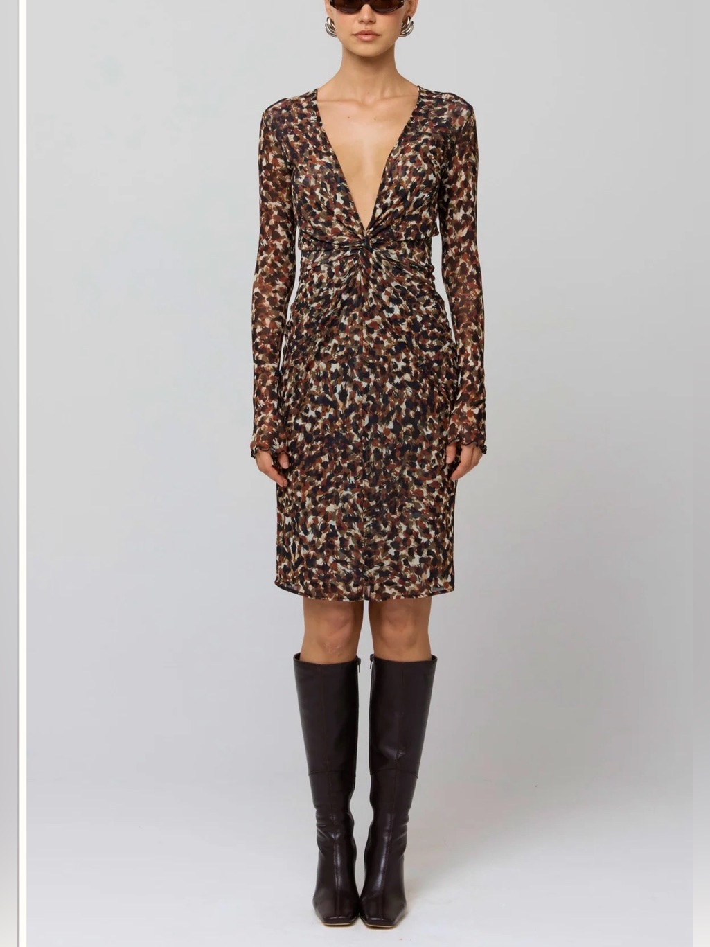 Resa Mira Terra Mesh Twist Midi Dress Long Sleeve Brown Print Women’s M